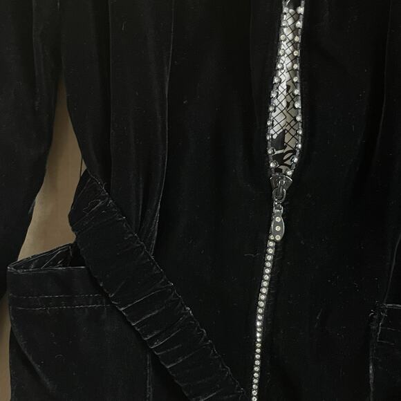 Vintage Women’s Jacket Y2K Black Velvet Full Zip Rhinestone Detail Belted Bling - Picture 6 of 11